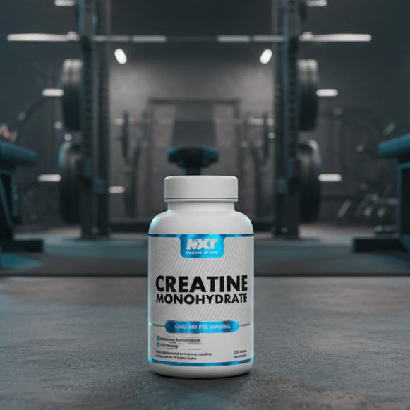 Creatine monohydrate supplement bottle in a gym setting