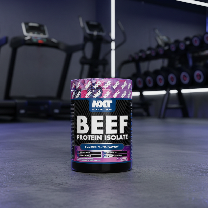 NXT Nutrition Beef Protein Isolate container with summer fruits flavor on a black background