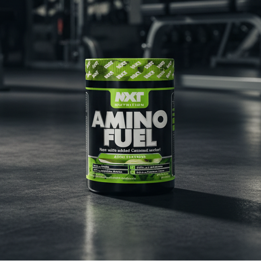 NXT Nutrition Amino Fuel supplement container on a dark surface with gym equipment in the background
