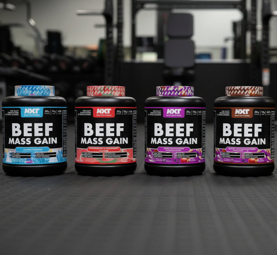 Five bottles of beef mass gain supplement on a gym floor.