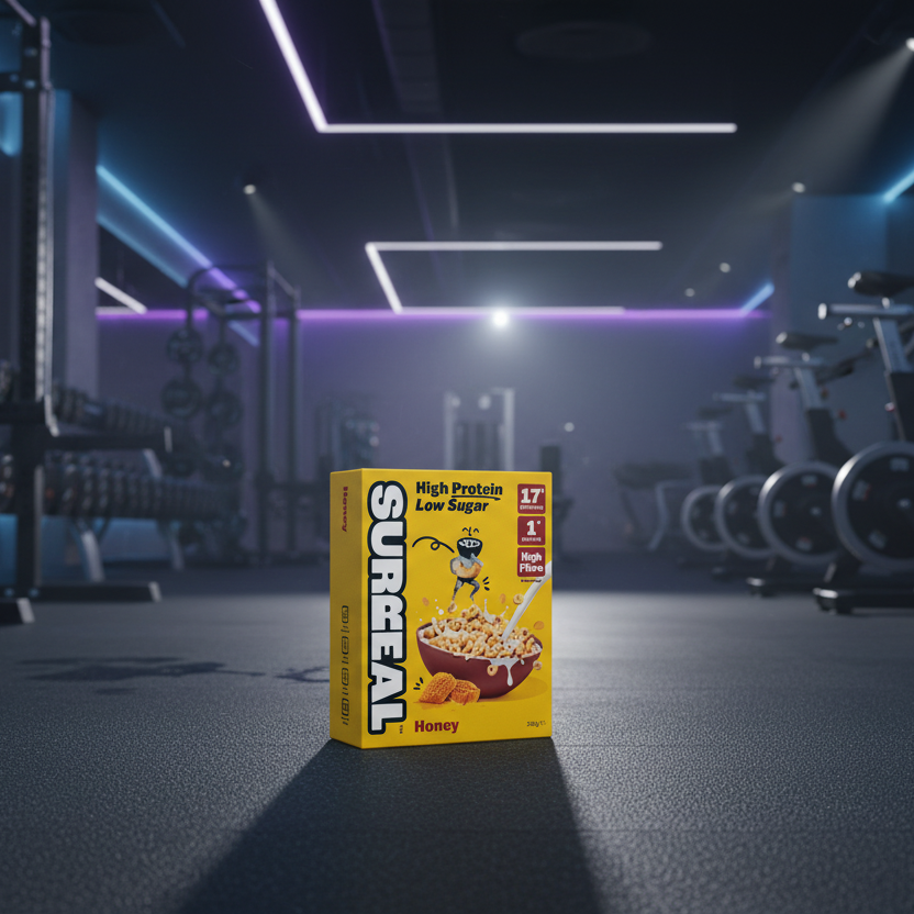 Box of Surreal cereal in a gym setting