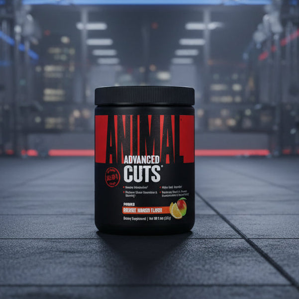 Supplement container labeled 'Advanced cuts' in a gym setting