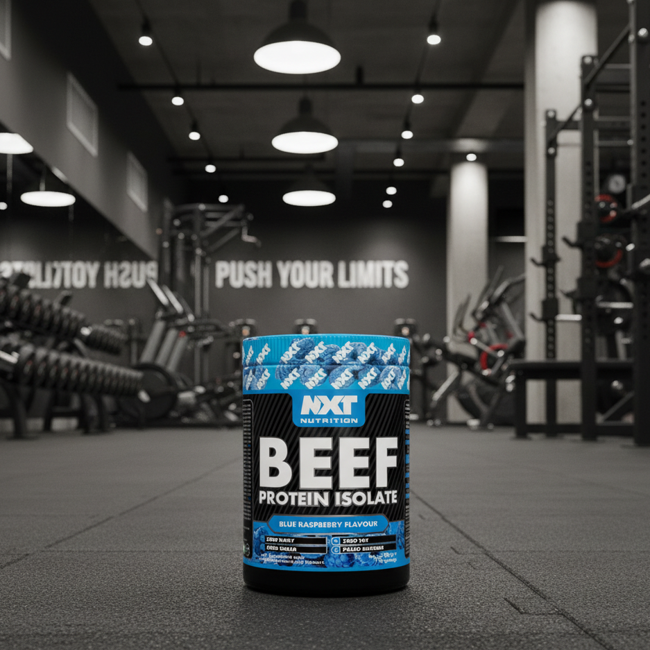 Nxt Nutrition Beef Protein Isolate container in a gym setting