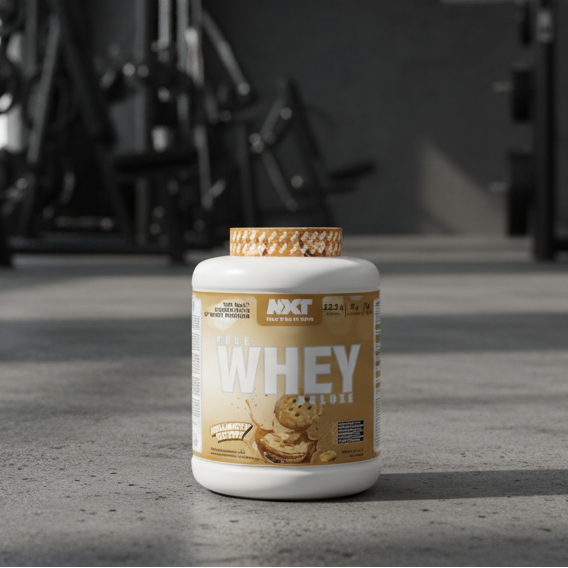 NXT Nutrition Pure Whey Deluxe protein powder container with gold and gym background