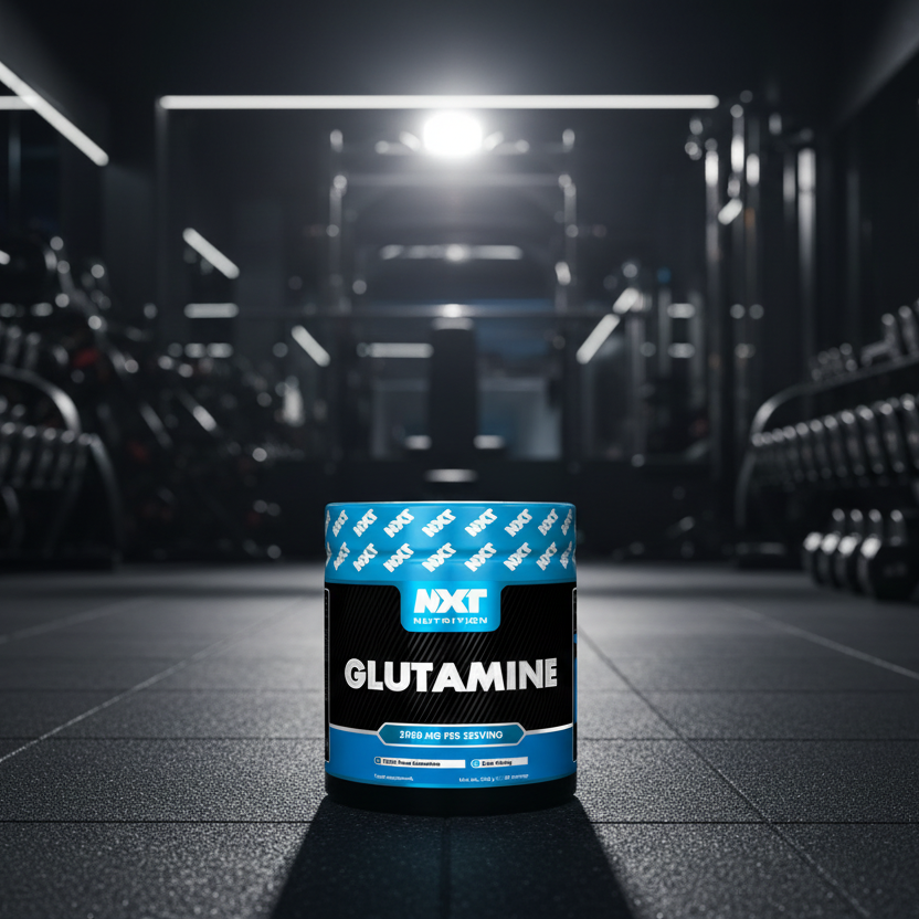 Container of NXT Glutamine supplement in a gym setting