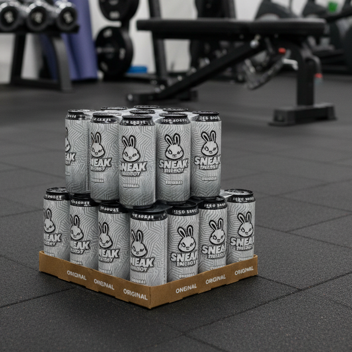 Sneak Energy drink original flavour pack on gym floor