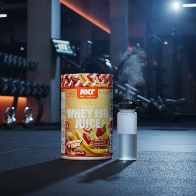 Whey protein supplement container and water bottle on a gym floor