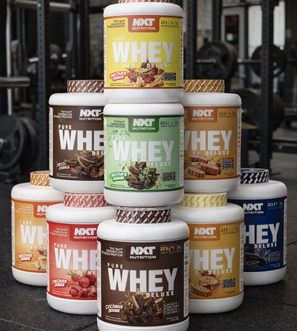 Stack of various flavors of NXT Nutrition Whey protein containers in a gym setting.