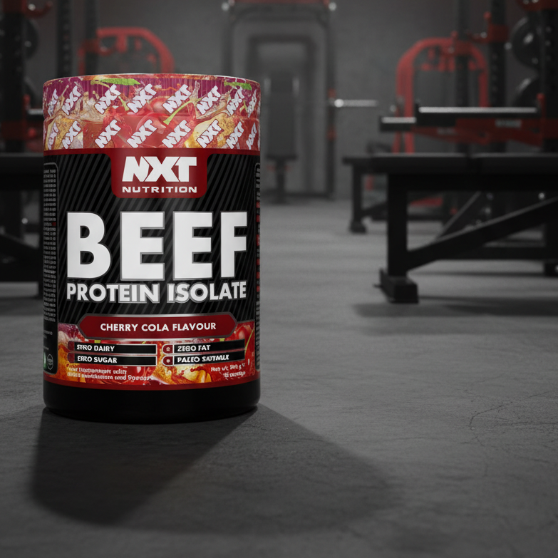 Beef protein isolate container with 'NXT Nutrition' branding in a gym setting