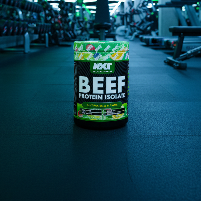 Container of NXT Nutrition Beef Protein Isolate in a gym setting