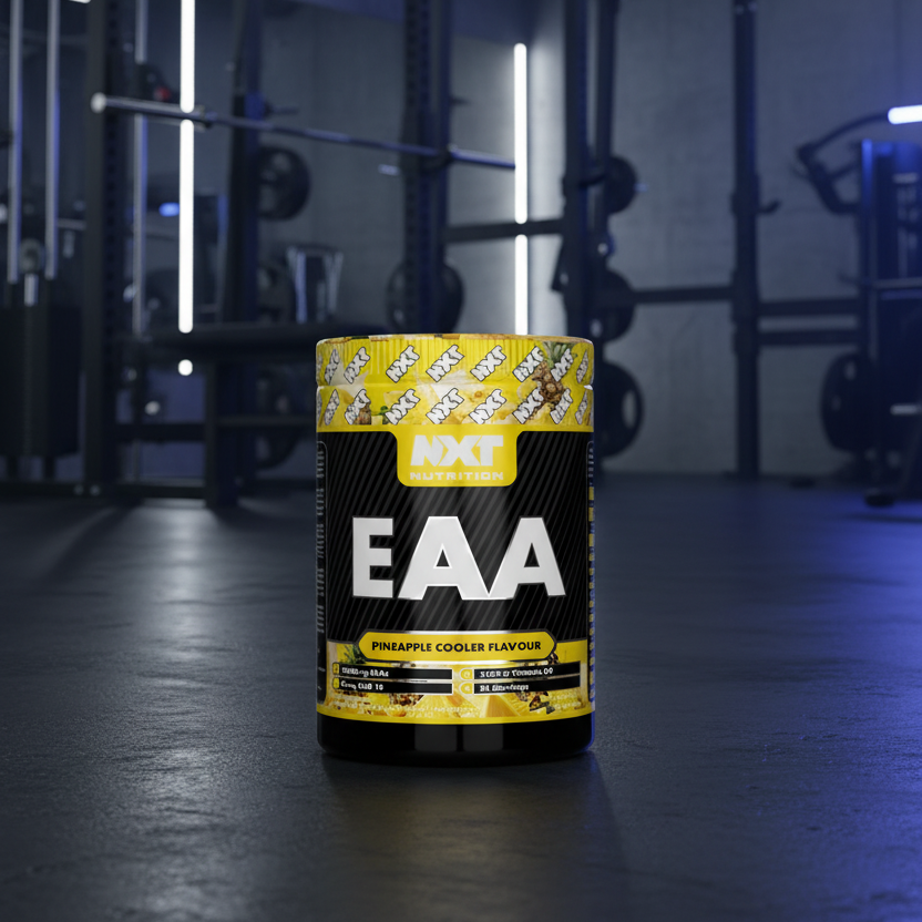 NXT Nutrition EAA supplement container with pineapple cooler flavor on a black background