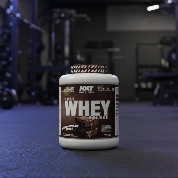 NXT Nutrition Pure Whey Deluxe Double Chocolate Brownie protein powder container