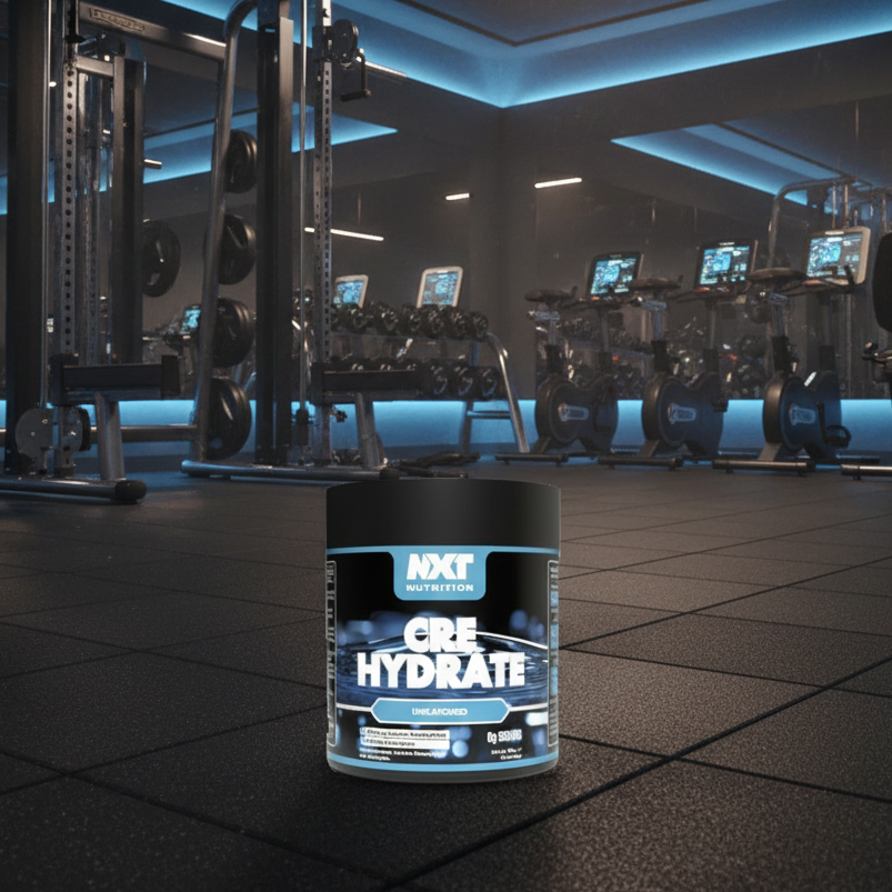 NXT Hydrate supplement container on a gym floor with equipment in the background