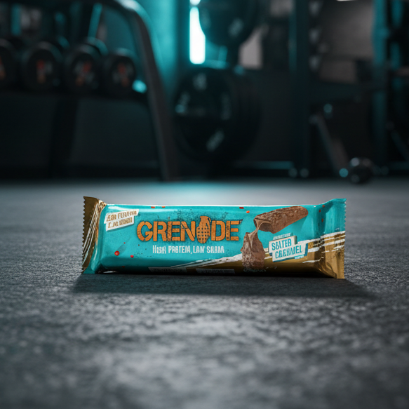 Grenade bar on a gym floor with weights in the background