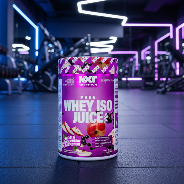 Purple protein powder container on a gym floor with neon lights in the background