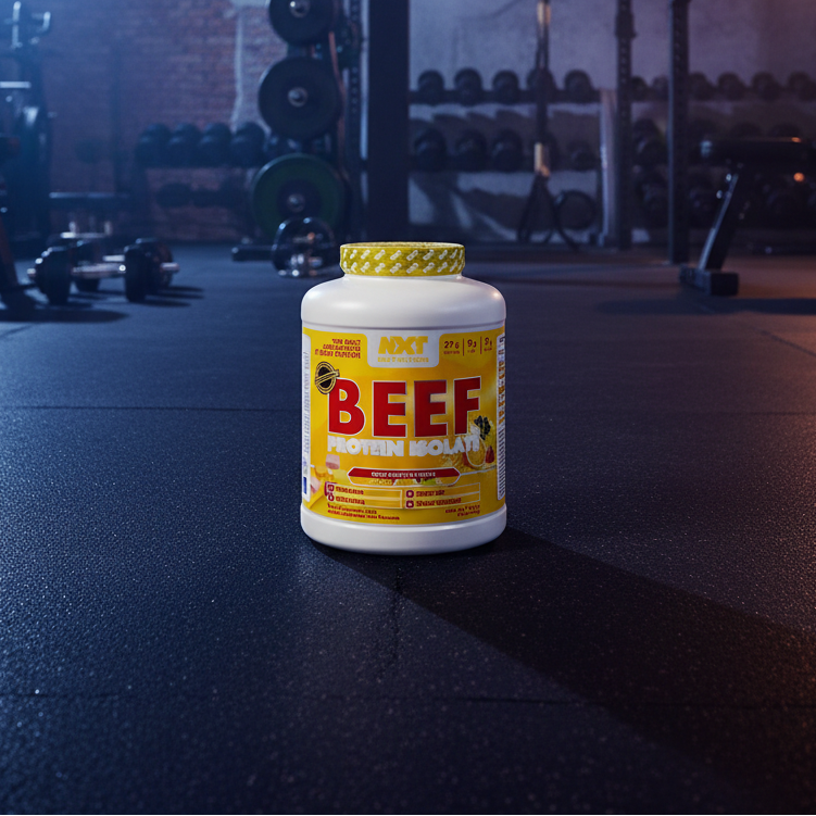 Beef protein powder container on a gym floor with weights in the background