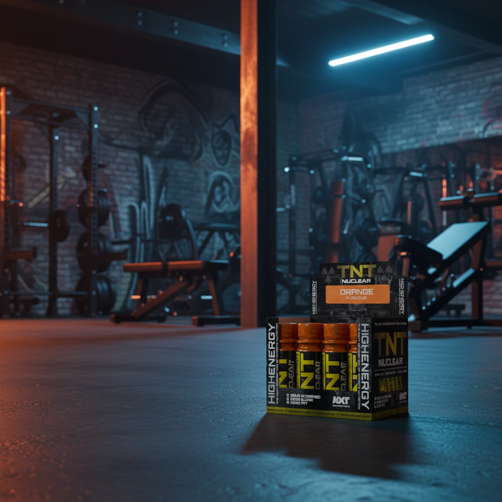 TNT supplement containers on a gym floor with equipment in the background