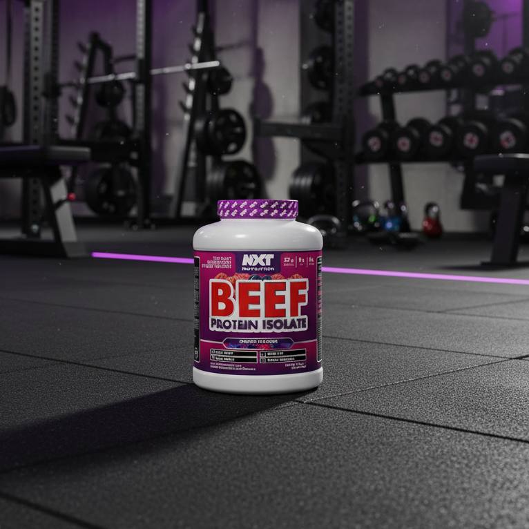 Beef protein isolate container in a gym setting