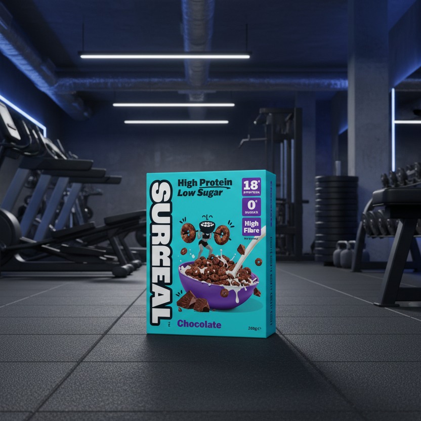 Surreal high protein low sugar chocolate cereal box in a gym setting