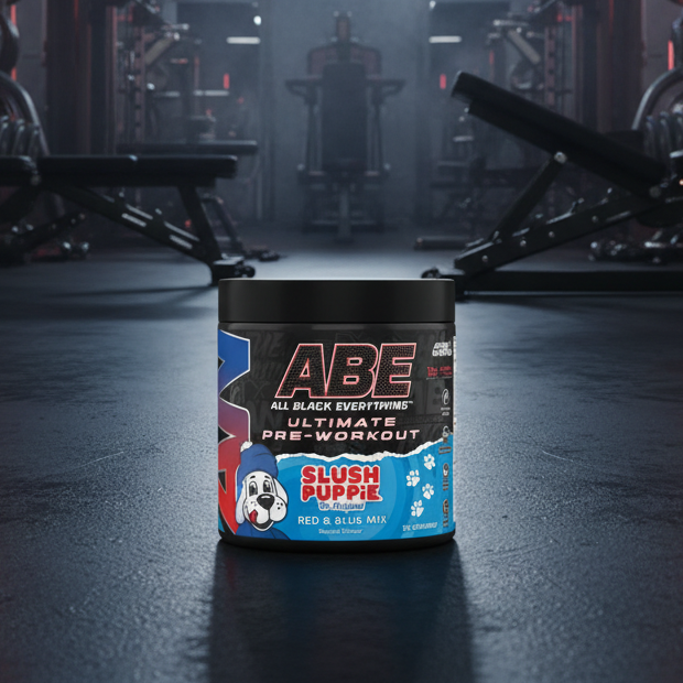 Container of ABE pre-workout supplement in a gym setting