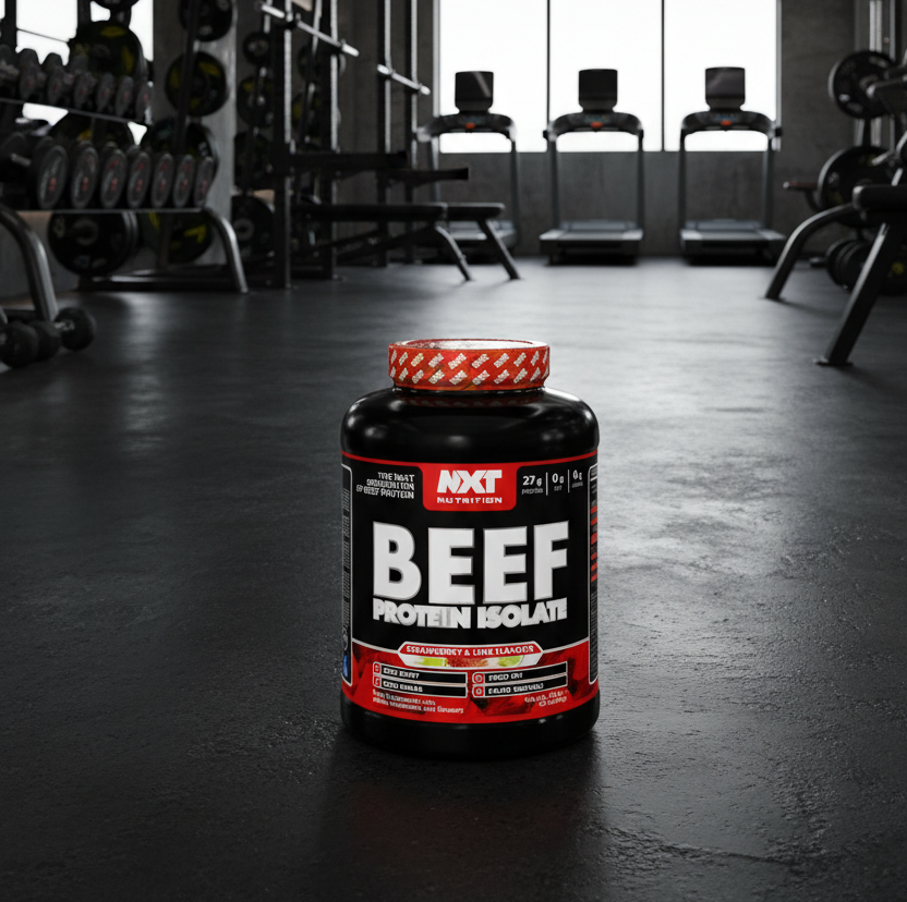 Beef protein isolate supplement bottle in a gym setting