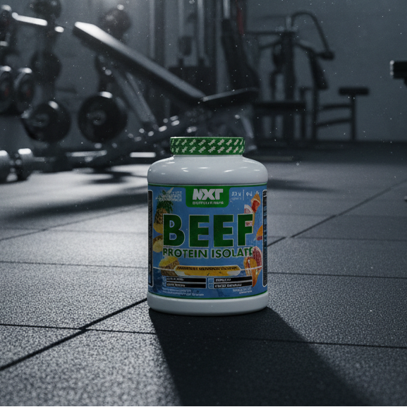 Beef protein isolate container on a gym floor with equipment in the background
