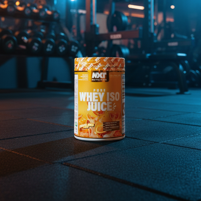 Container of whey iso juice in a gym setting