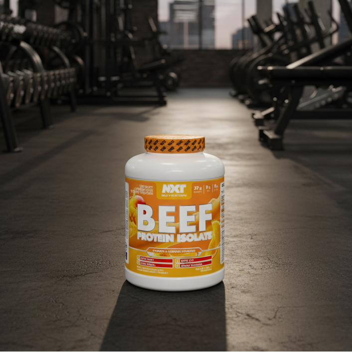 Beef protein isolate container in a gym setting