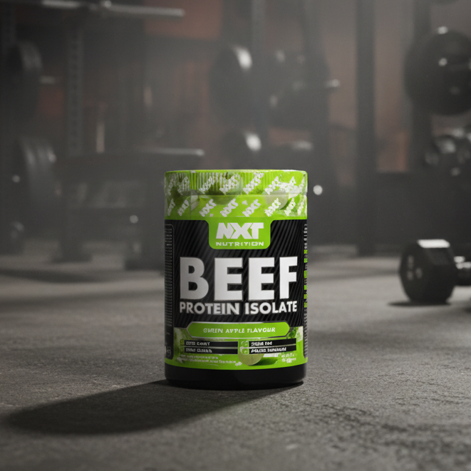 Beef protein isolate container with gym equipment in the background