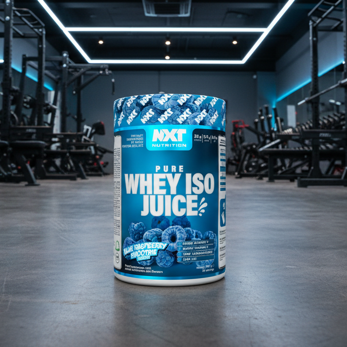 Container of Pure Whey ISO Juice in a gym setting