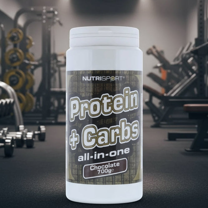 Protein and carbs supplement container in a gym setting