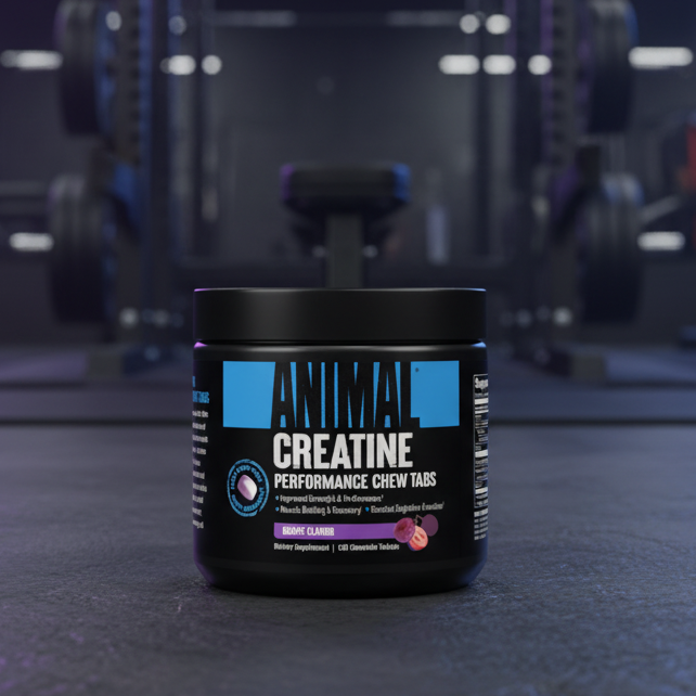 Container of Animal Creatine on a gym floor with equipment in the background