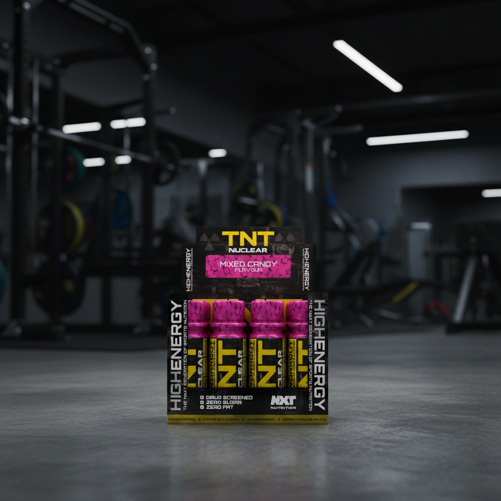 Pack of TNT High Energy candy bars in a gym setting