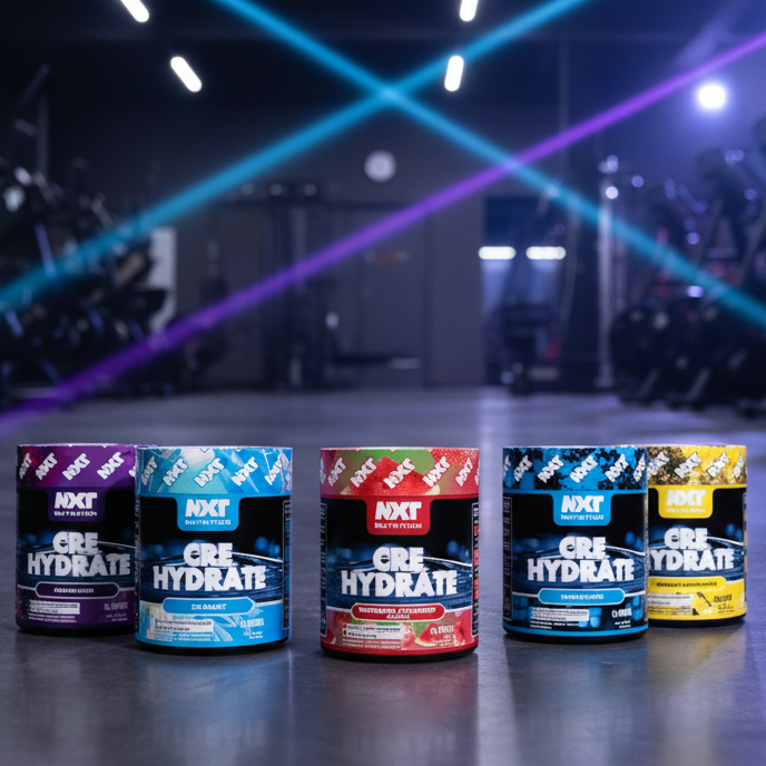 Assorted containers of NXT Nutrition Cre Hydrate on a gym background