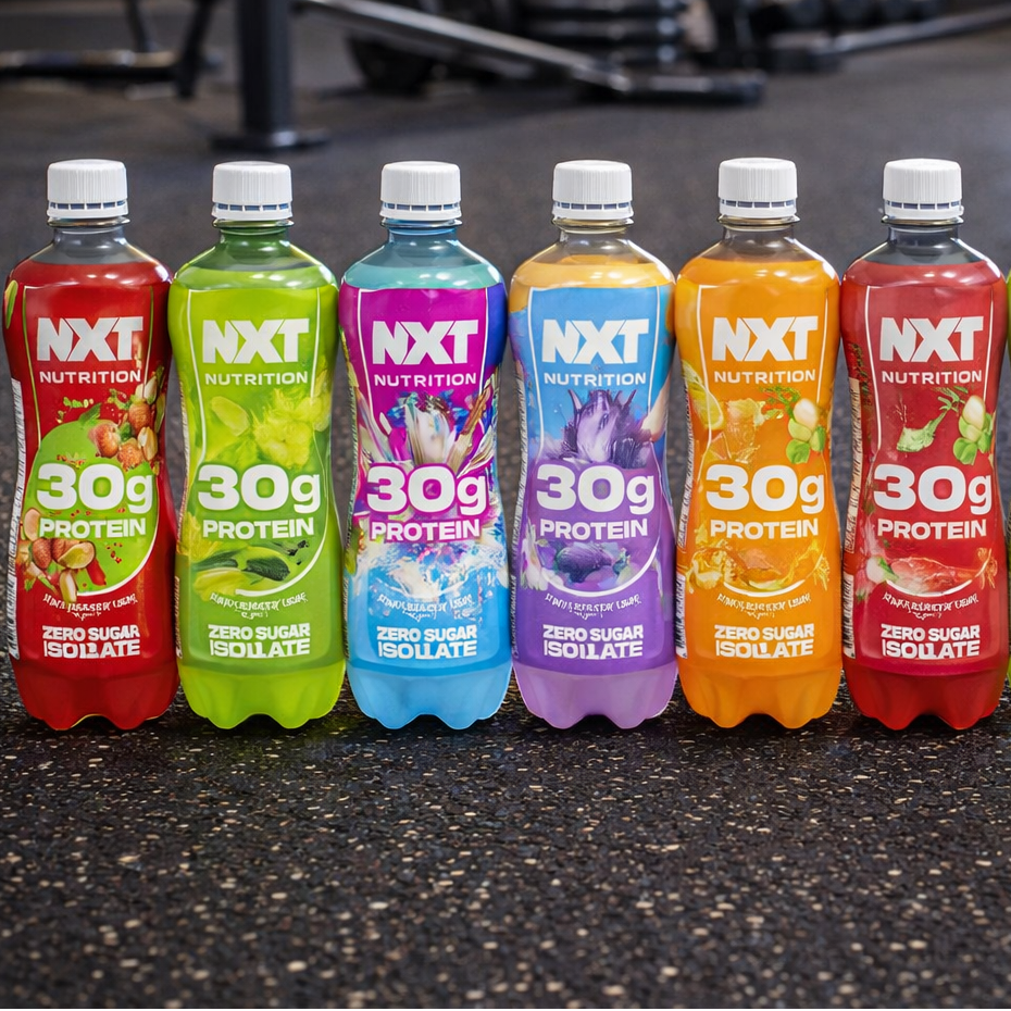 Row of colorful NXT Nutrition protein bottles on a dark surface
