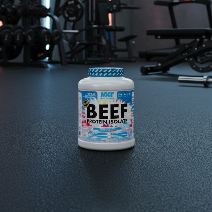 Beef protein isolate container on a gym floor with fitness equipment in the background