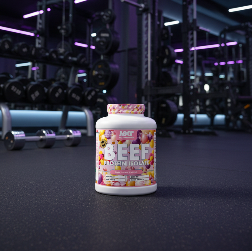 Beef protein isolate container with colorful candy design on the label