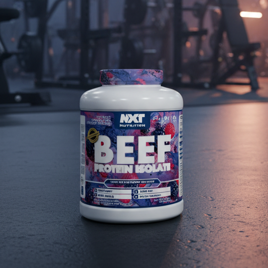 Beef protein isolate container on a gym floor with equipment in the background