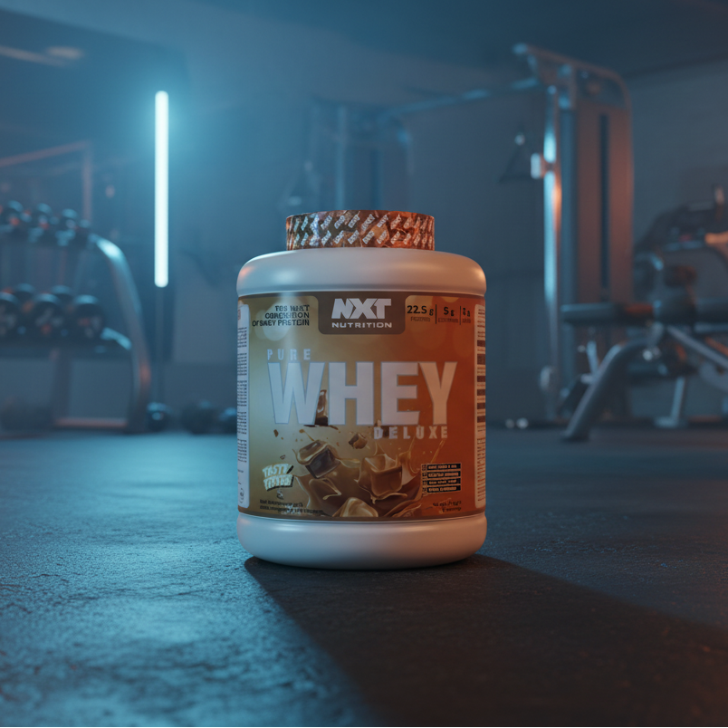 NXT Nutrition Pure Whey Deluxe protein powder container with chocolate flavour on a gym background