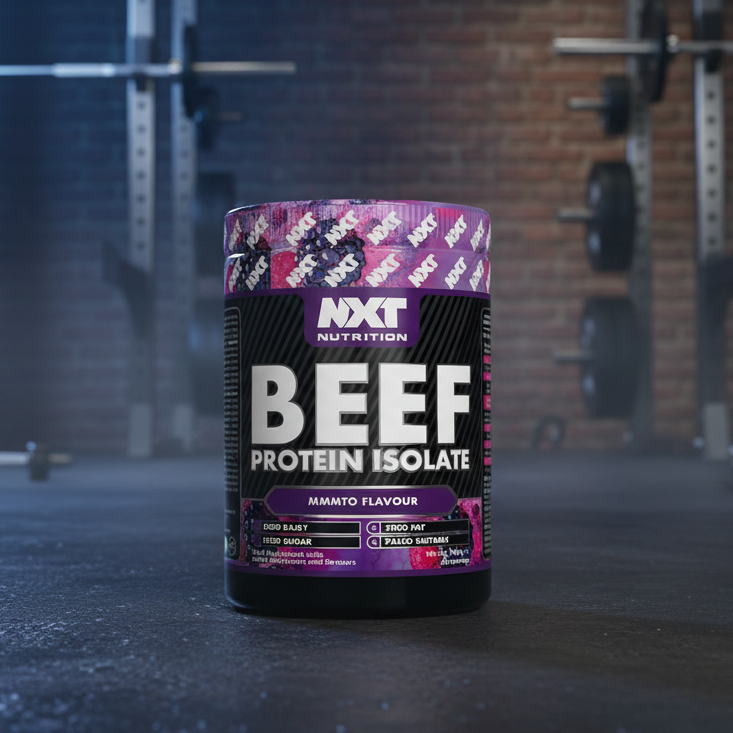 Beef protein isolate container with NXT Nutrition branding in a gym setting