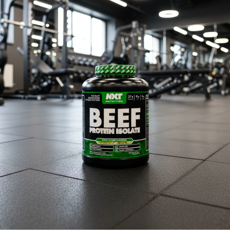 Beef protein isolate container on a gym floor