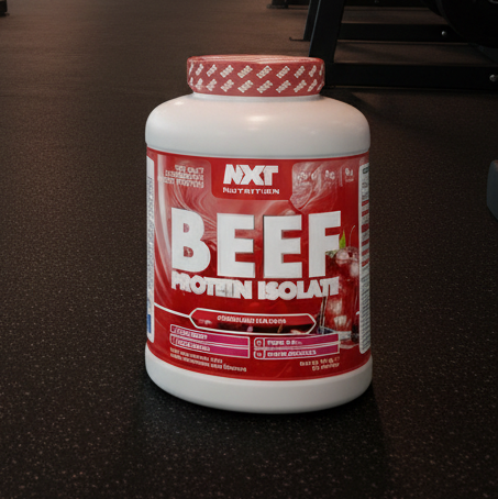 NXT Beef Protein Isolate container on a dark surface