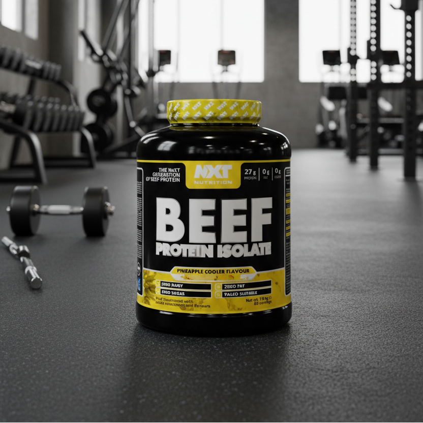Beef protein isolate bottle in a gym setting