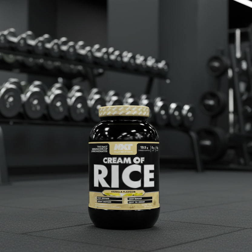 Container of Cream of Rice with gold and black label on a white background