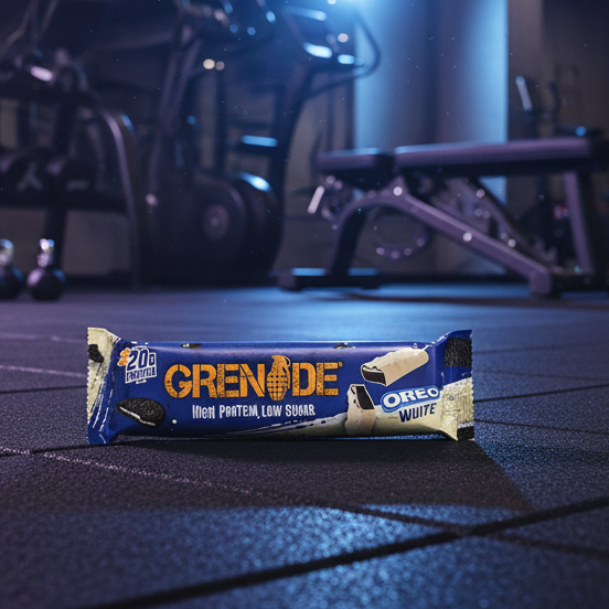 Grenade Oreo White protein bar on a gym floor with equipment in the background