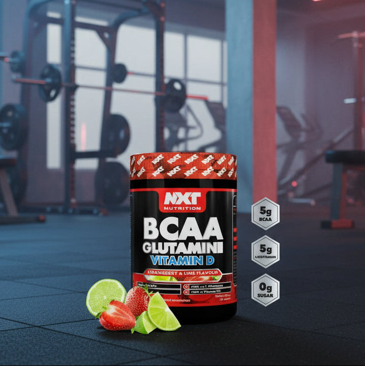 NXT Nutrition BCAA Glutamini supplement bottle with strawberries and lime on a gym floor background