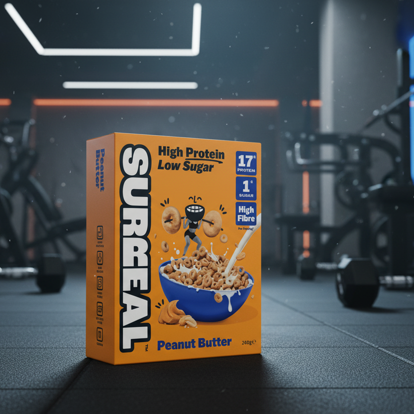 Box of Surreal Peanut Butter cereal with a gym background