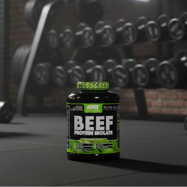 Beef protein isolate supplement bottle in a gym setting with weights in the background