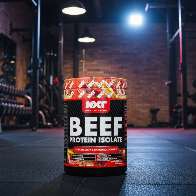 NXT Nutrition Beef Protein Isolate container in a gym setting