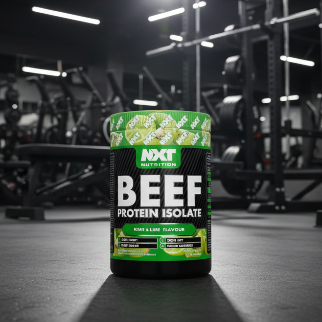 Beef protein isolate container with gym equipment in the background